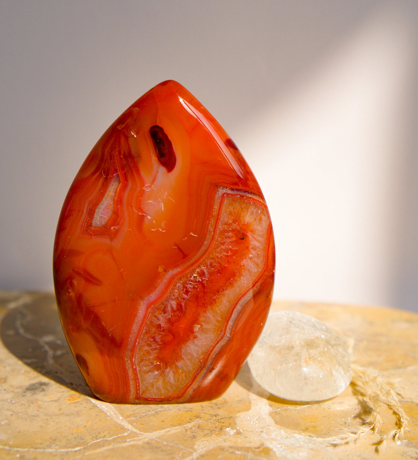 A carnelian free form flame polished teardrop-shaped agate crystal with swirling bands of red, orange, and white, standing on a textured stone surface next to a small clear quartz crystal.