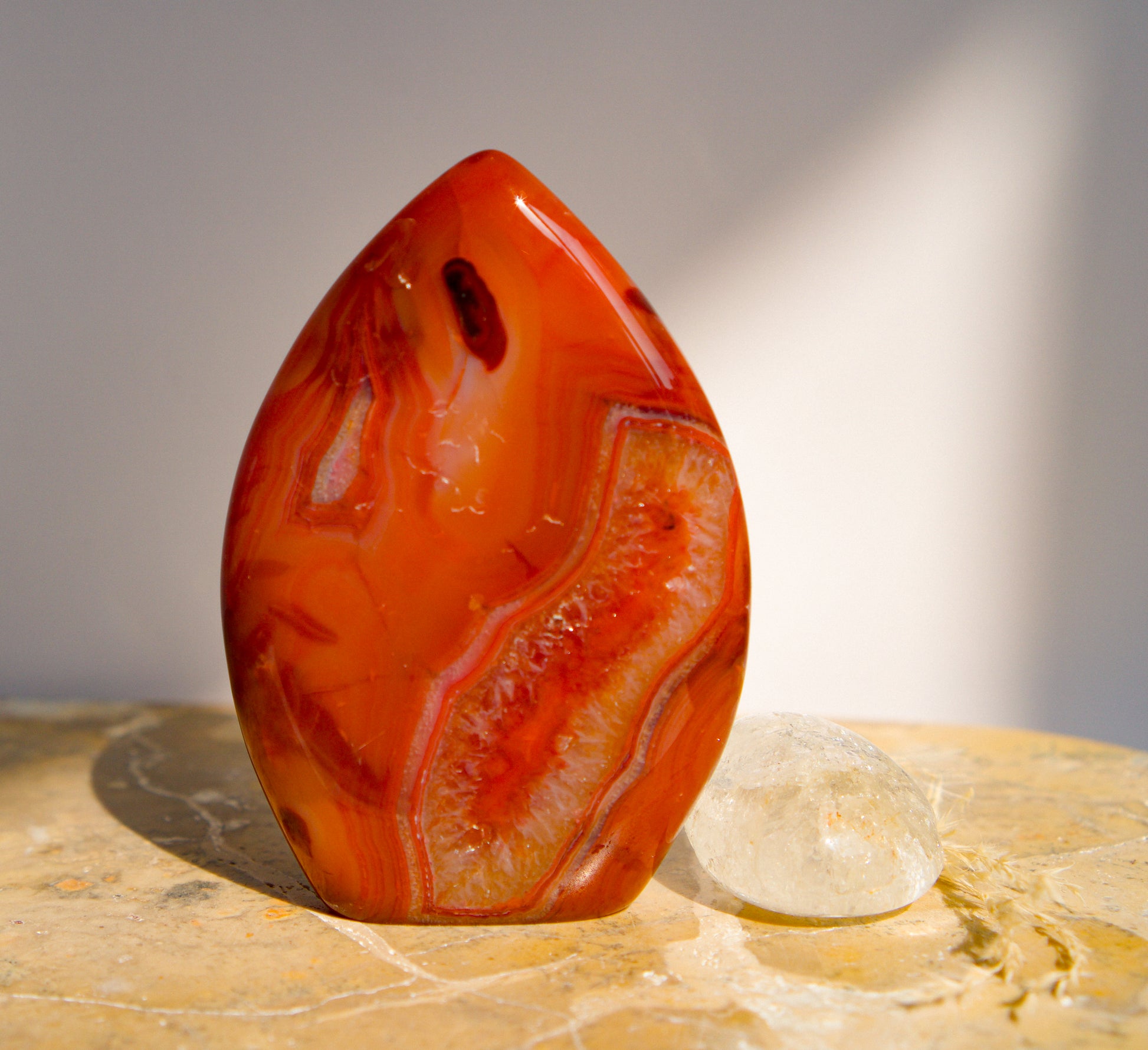 A carnelian free form flame polished teardrop-shaped agate crystal with swirling bands of red, orange, and white, standing on a textured stone surface next to a small clear quartz crystal.