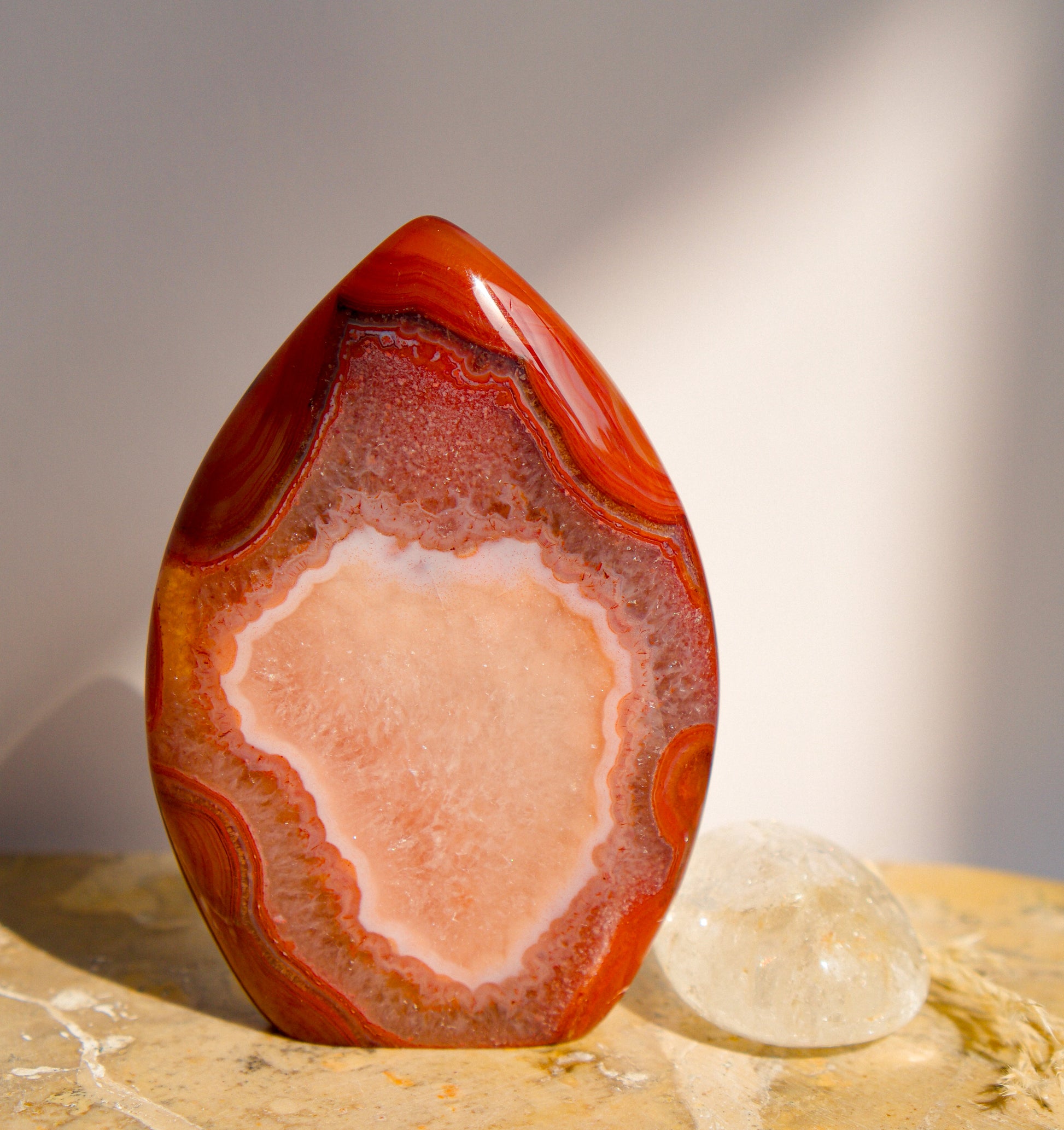 A carnelian free form flame polished teardrop-shaped agate crystal with swirling bands of red, orange, and white, standing on a textured stone surface next to a small clear quartz crystal.