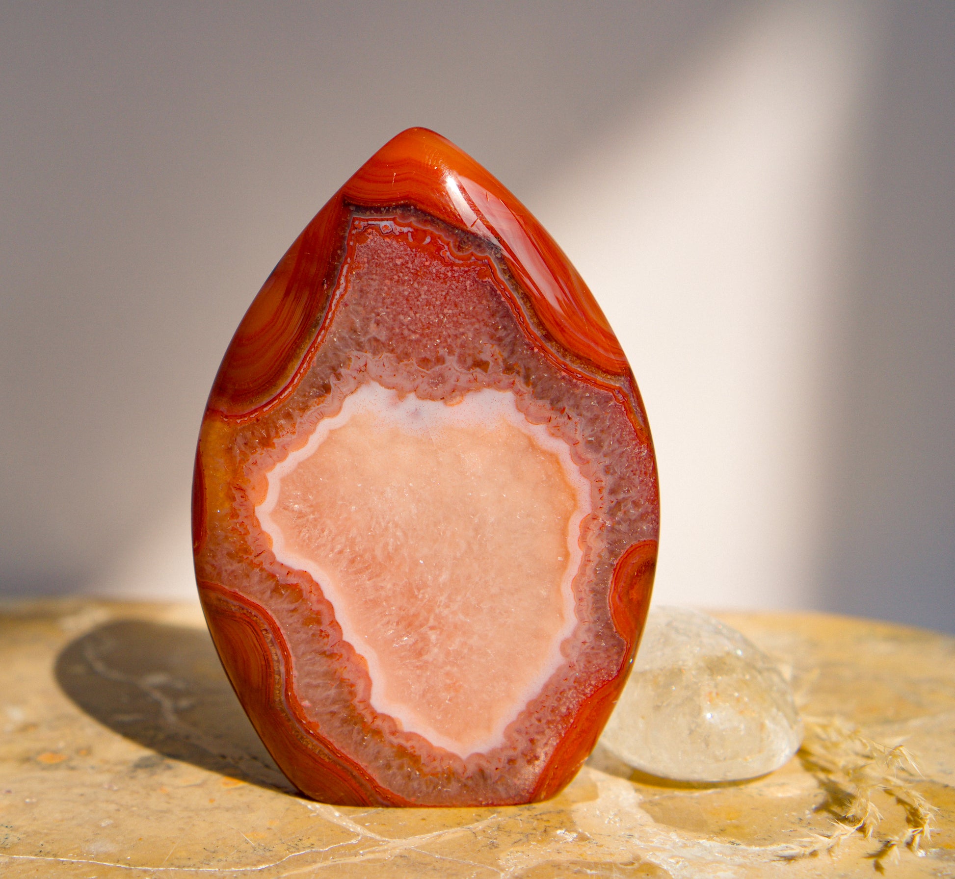 A carnelian free form flame polished teardrop-shaped agate crystal with swirling bands of red, orange, and white, standing on a textured stone surface next to a small clear quartz crystal.