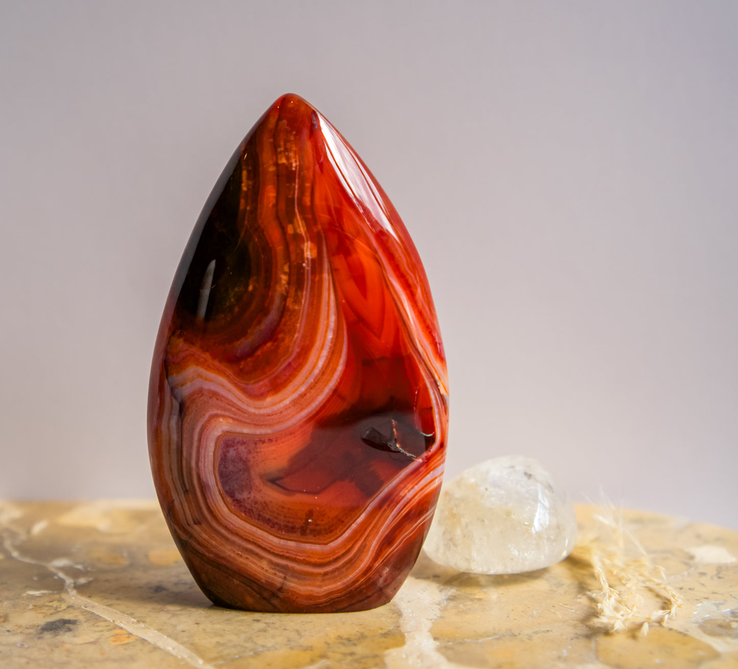A carnelian free form flame polished teardrop-shaped agate crystal with swirling bands of red, orange, and white, standing on a textured stone surface next to a small clear quartz crystal.

