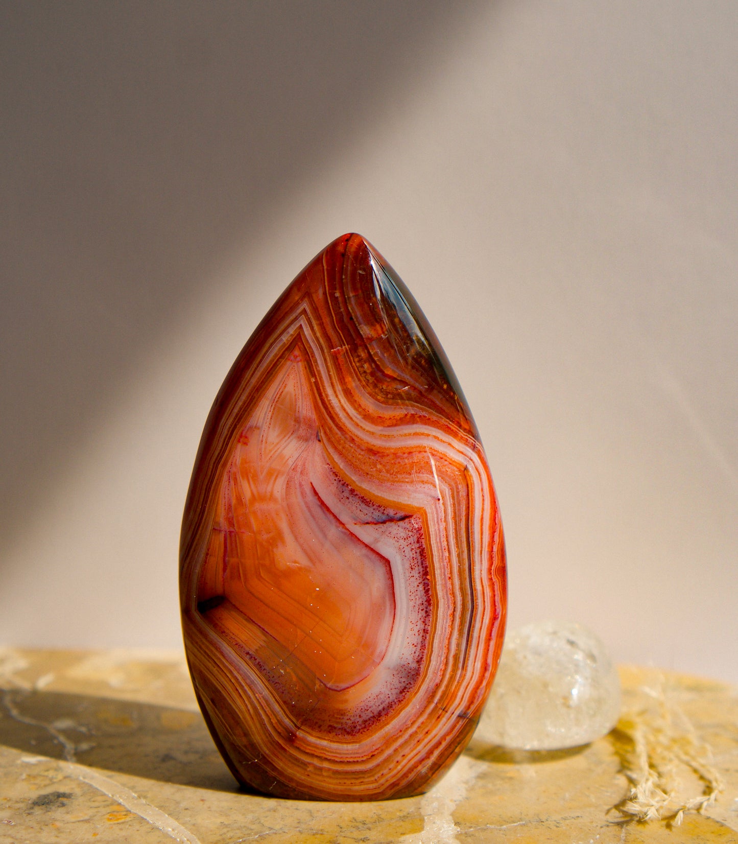 A carnelian free form flame polished teardrop-shaped agate crystal with swirling bands of red, orange, and white, standing on a textured stone surface next to a small clear quartz crystal.