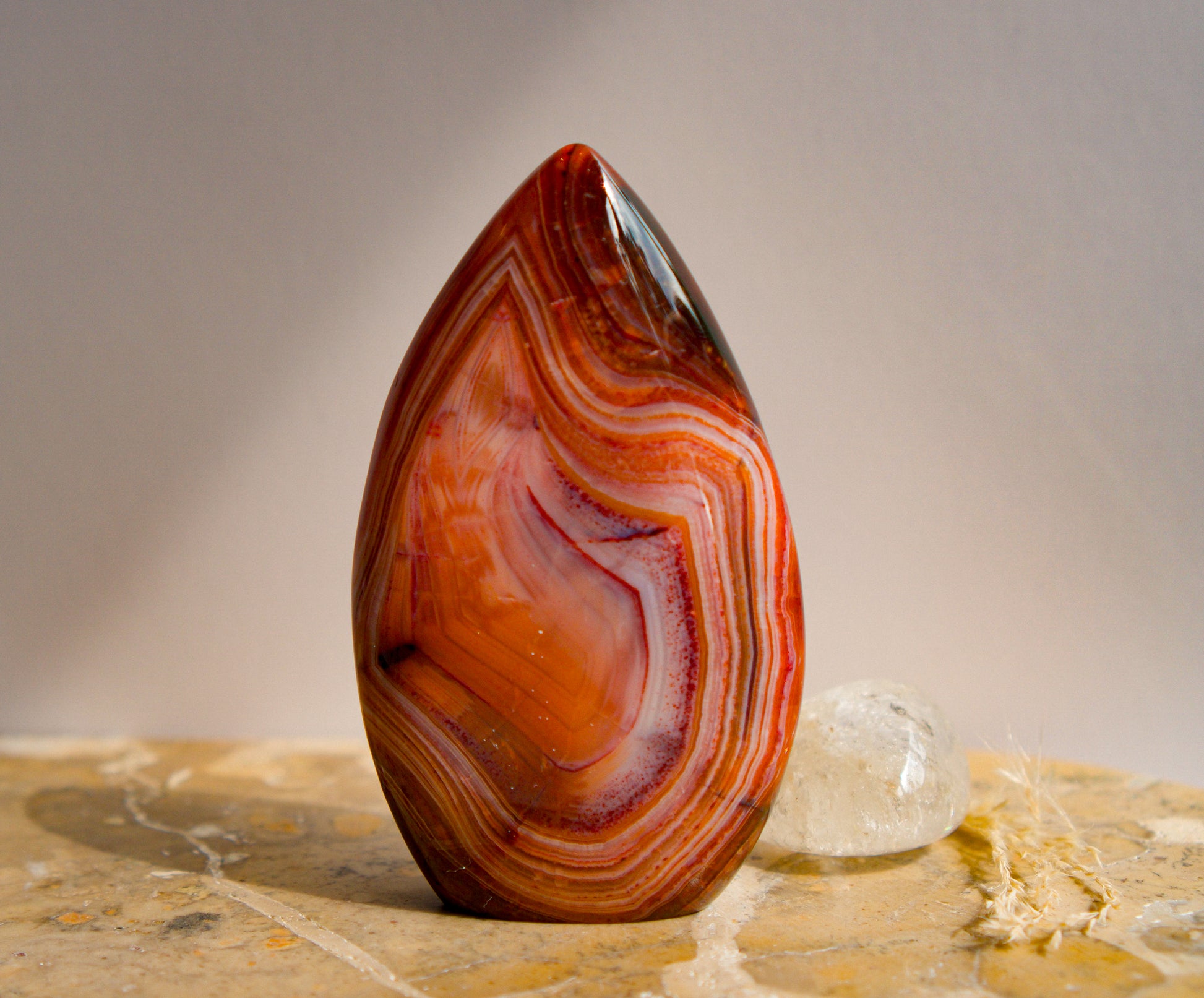 A carnelian free form flame polished teardrop-shaped agate crystal with swirling bands of red, orange, and white, standing on a textured stone surface next to a small clear quartz crystal.