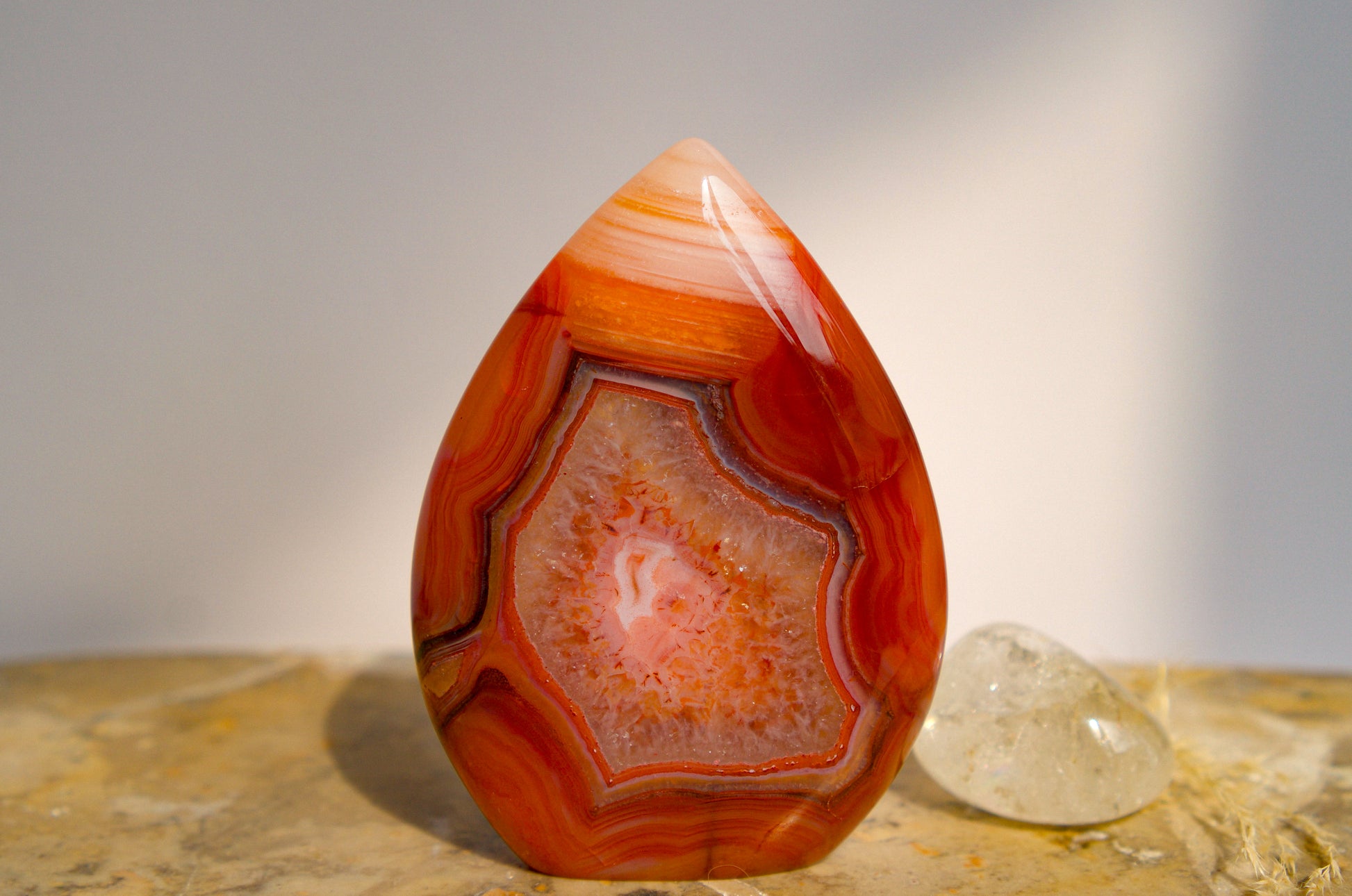 A polished freeform Carnelian flame  teardrop-shaped agate crystal with vibrant orange, red, and pink banded patterns, displayed on a stone surface next to a clear quartz crystal against a neutral gray background.