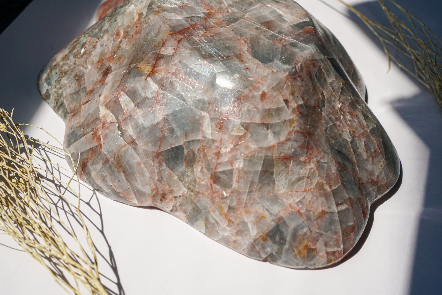 Close-up of Blue Calcite hematite bowl exterior showing natural crystalline formation