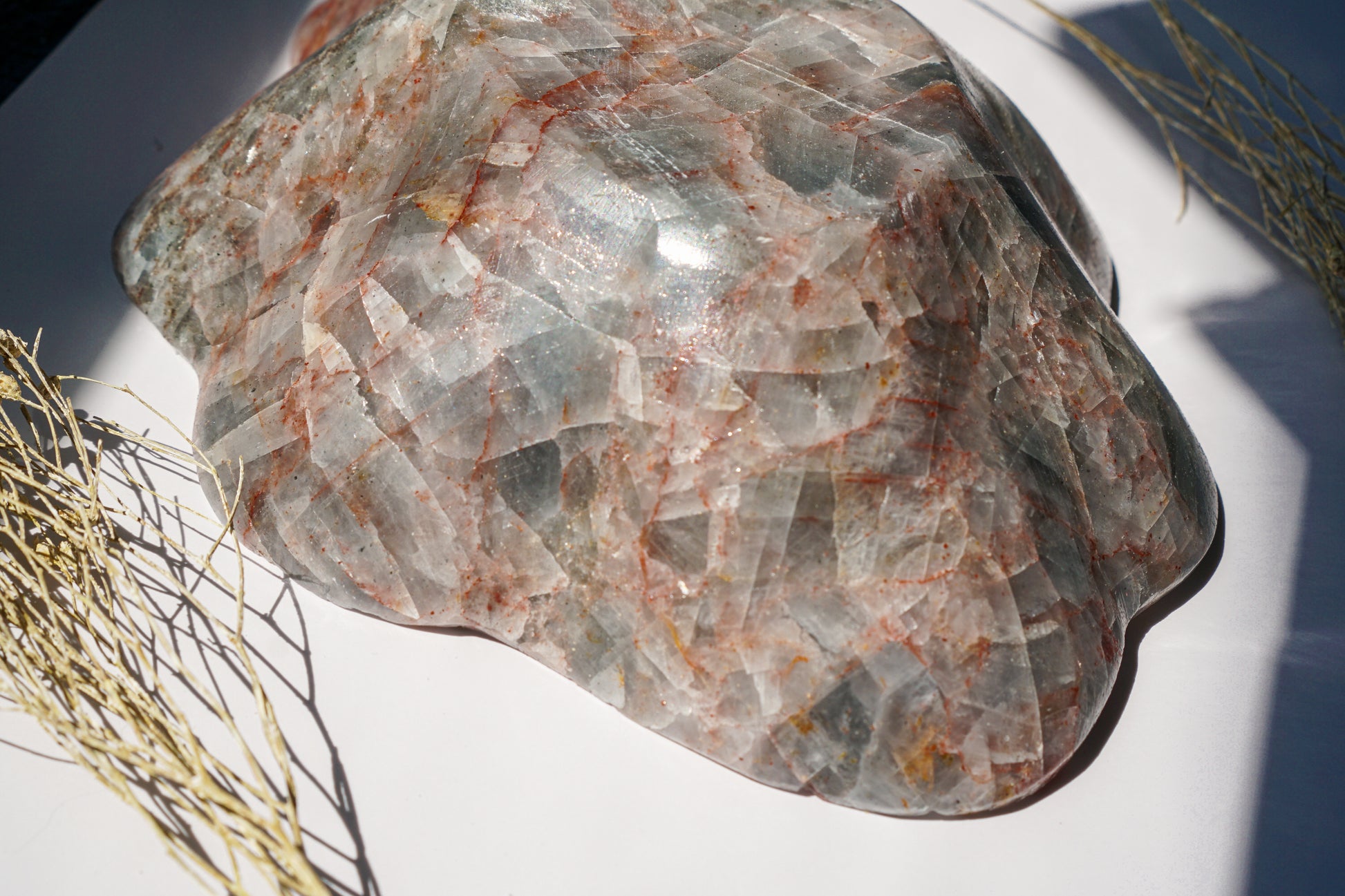 Close-up of Blue Calcite hematite bowl exterior showing natural crystalline formation