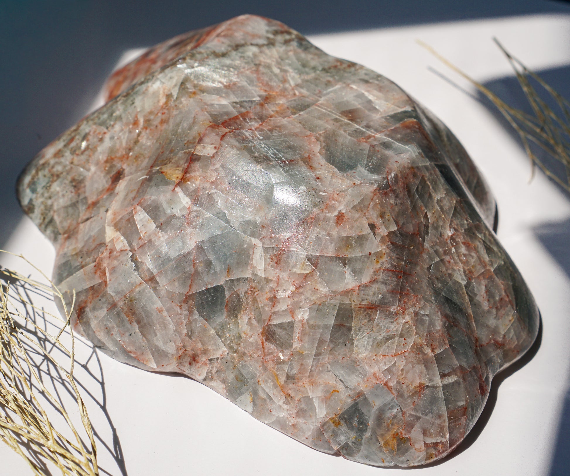 Exterior underside view of freeform Blue Calcite hematite bowl