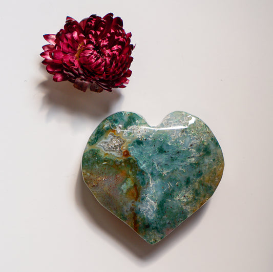 Teal moss agate heart carving with a dried red flower above it