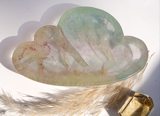Rainbow fluorite cloud dish in ivory and pink with a citrine crystal point and dried pampas grass