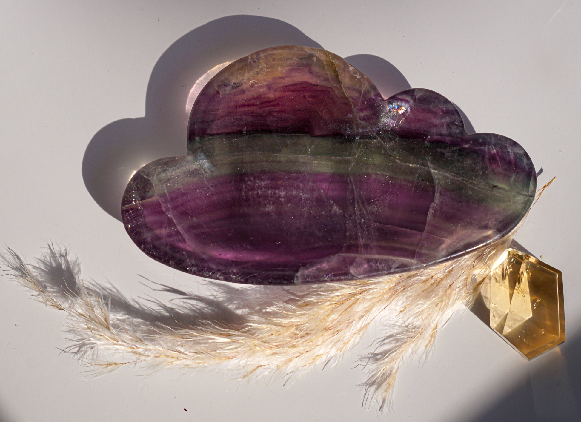 Rainbow fluorite cloud dish in purple and olive banding with a citrine crystal point and dried pampas grass