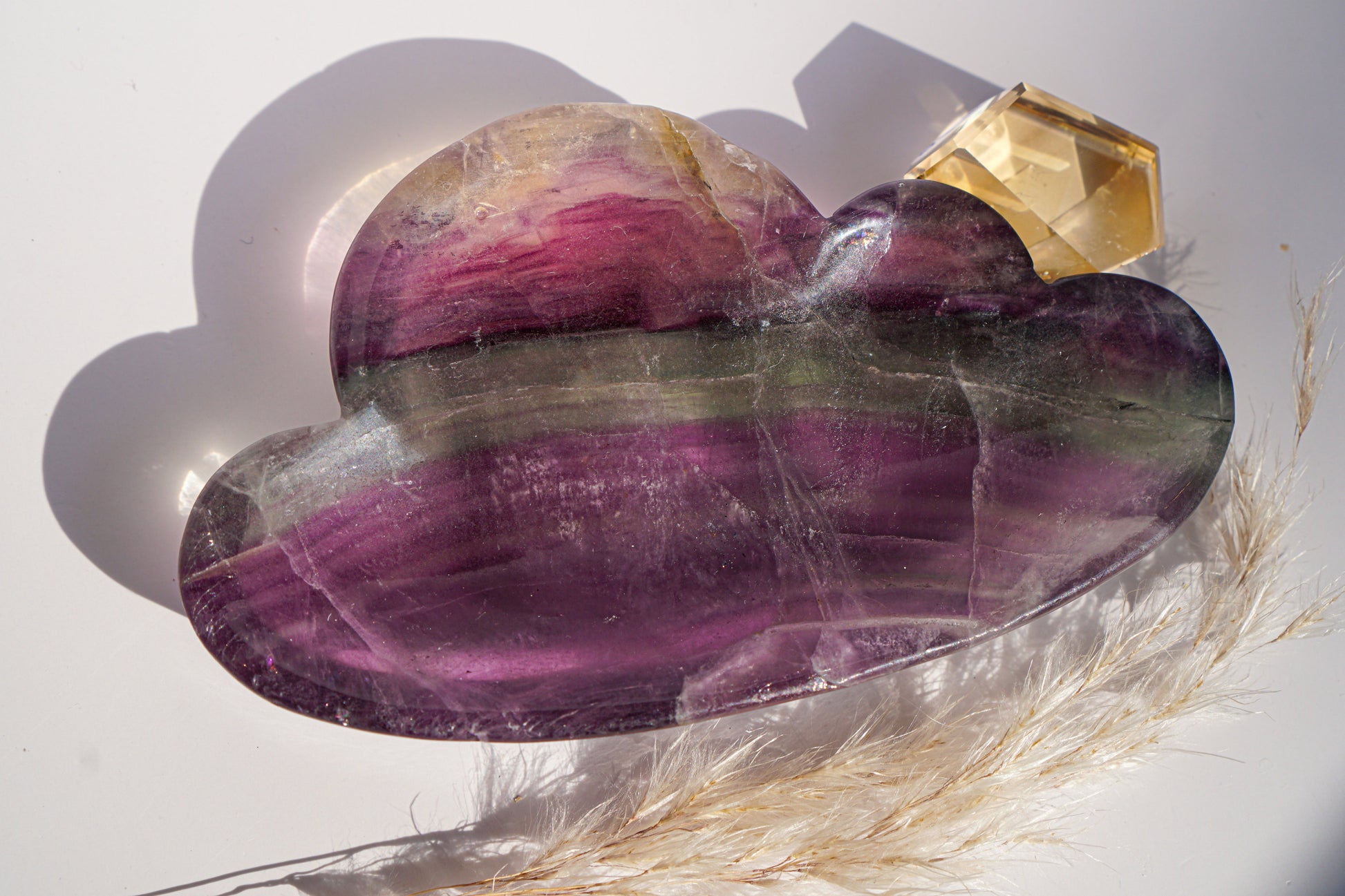 Rainbow fluorite cloud dish in plum and sage banding with a citrine crystal point and dried pampas grass