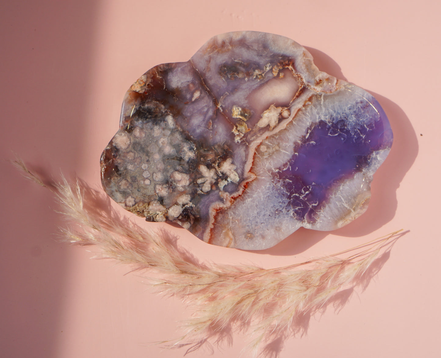 Blue Flower Agate dish with dried pampas grass styling on pink background