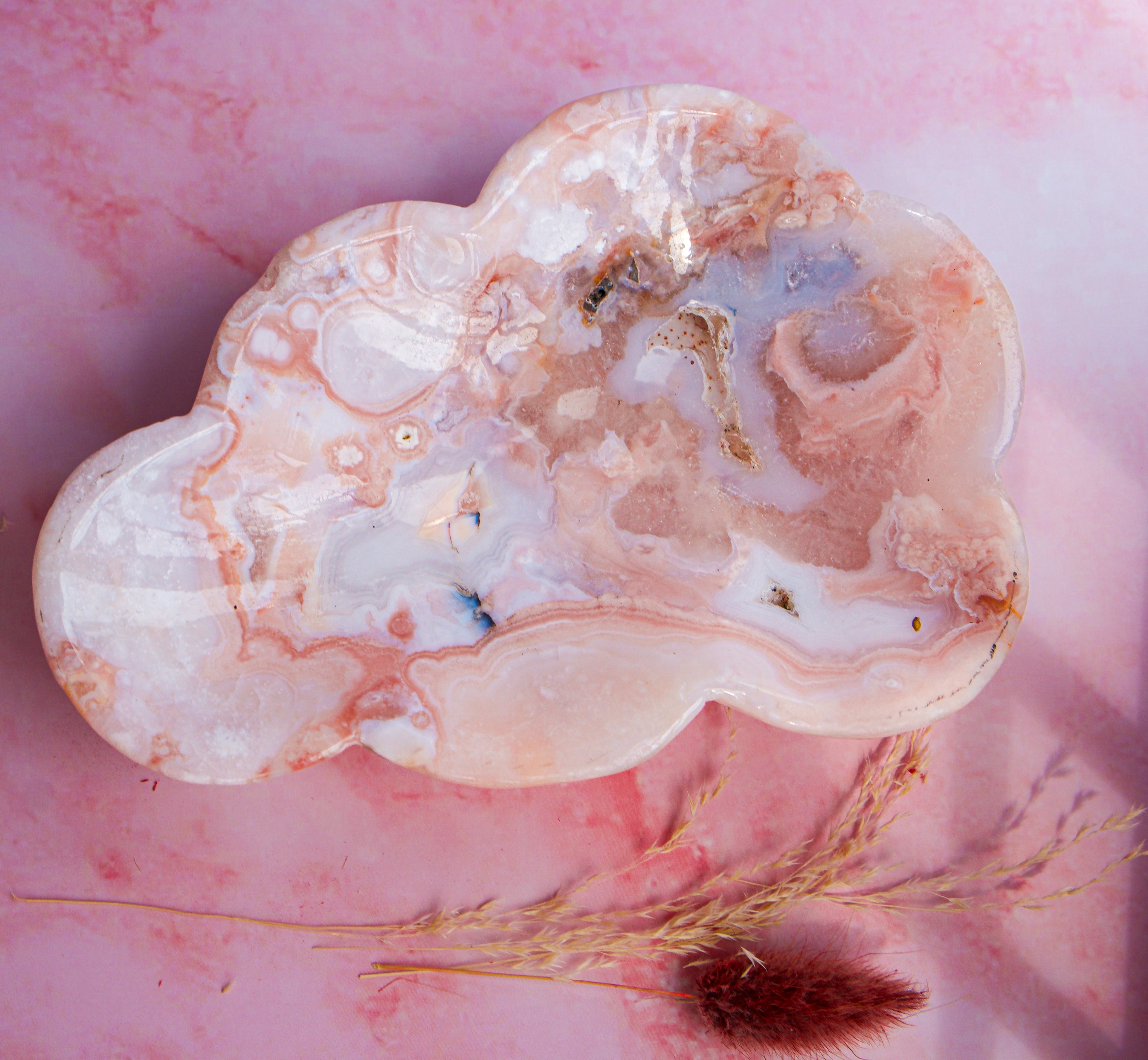 Pink Carnelian Flower Agate Cloud Dish - Natural Crystal Trinket Tray, 345g