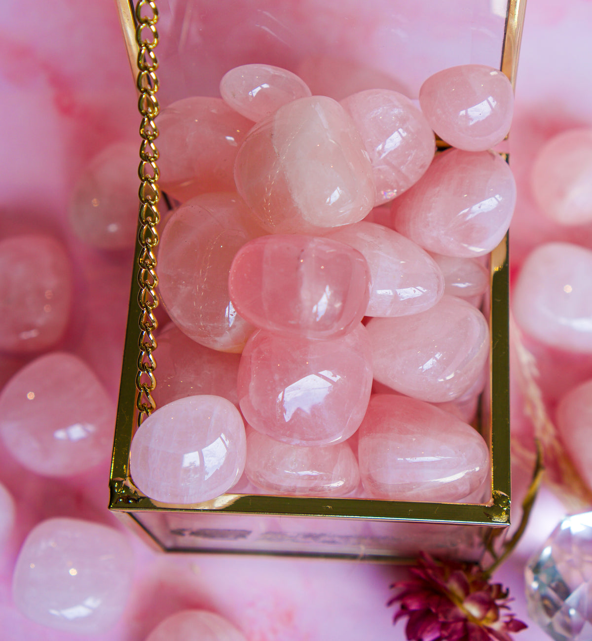 Pink Brazilian rose quartz gemstones arranged inside a small gold-framed container, with more pink stones blurred in the background.