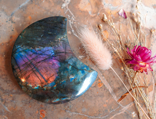 Rainbow Sunset Labradorite Crescent Moon - Natural Healing Crystal with Stand