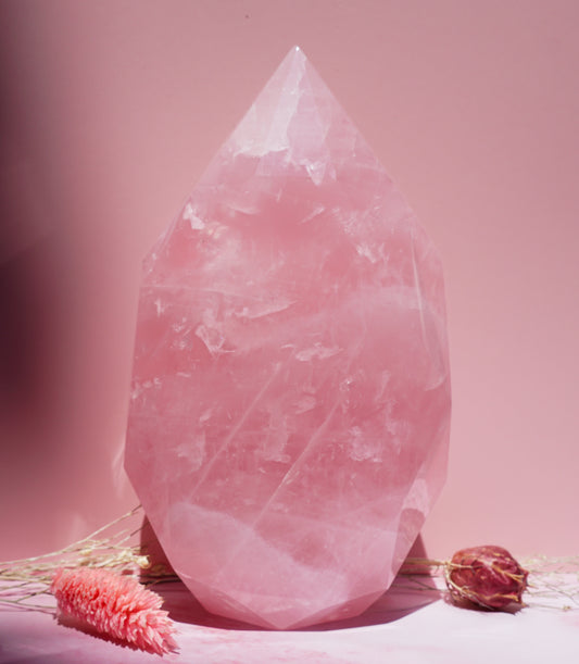 A large pink rose quartz crystal  faceted freeform flamewith natural faceted edges, displayed on a pink surface with dried decorative flowers against a solid pink background.