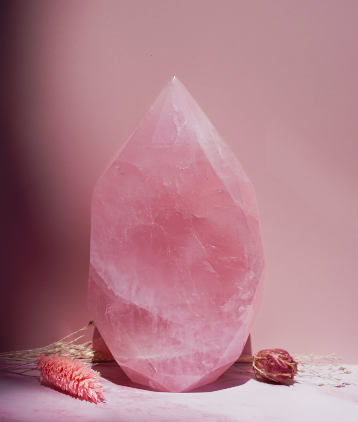 A large pink rose quartz crystal faceted freeform flame with natural striations, displayed on a matching pink surface with dried floral accents against a soft pink background.