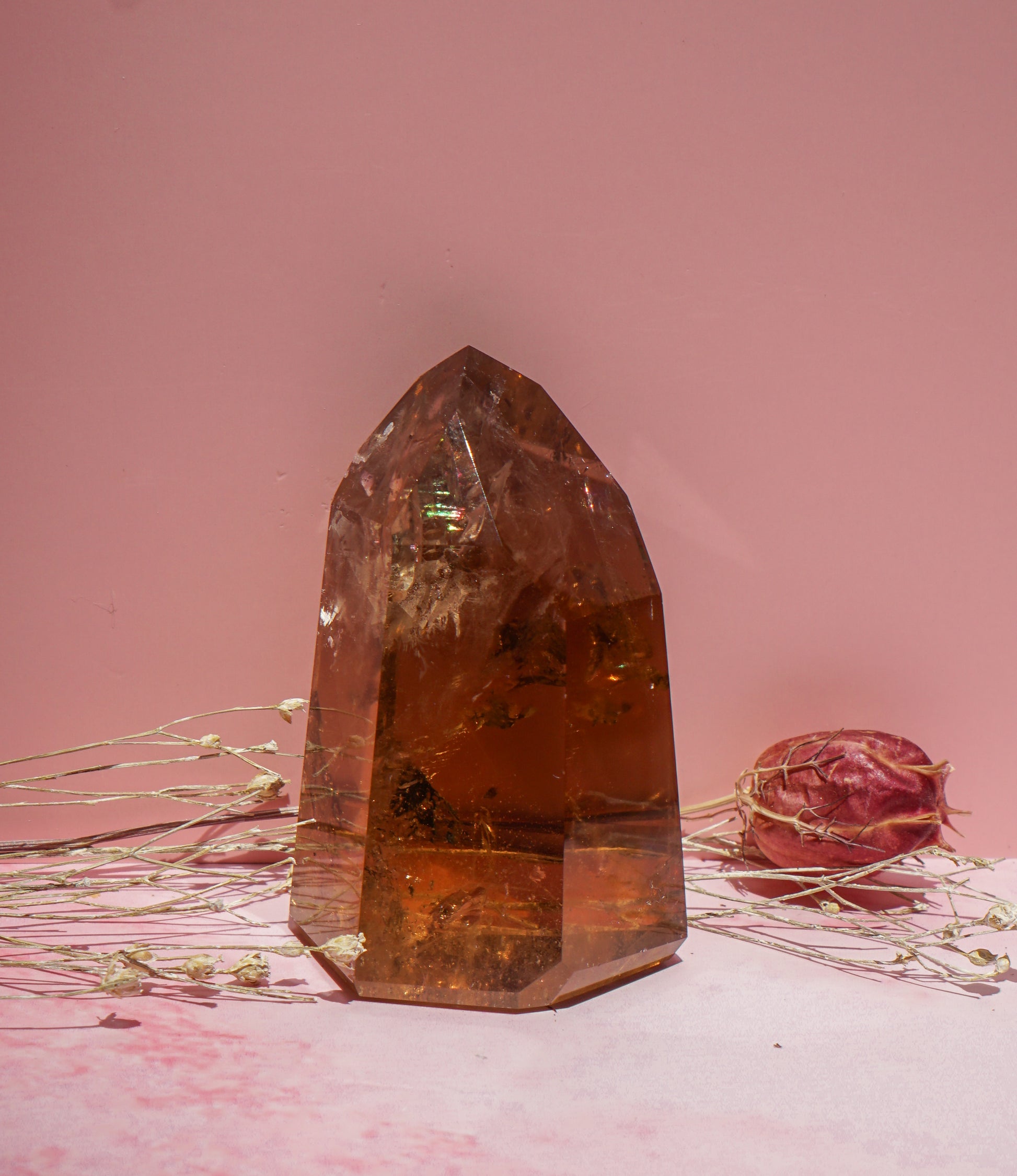 A faceted smokey honey citrine tower crystal point with natural inclusions, displayed on a pink surface with dried flowers against a solid pink background.