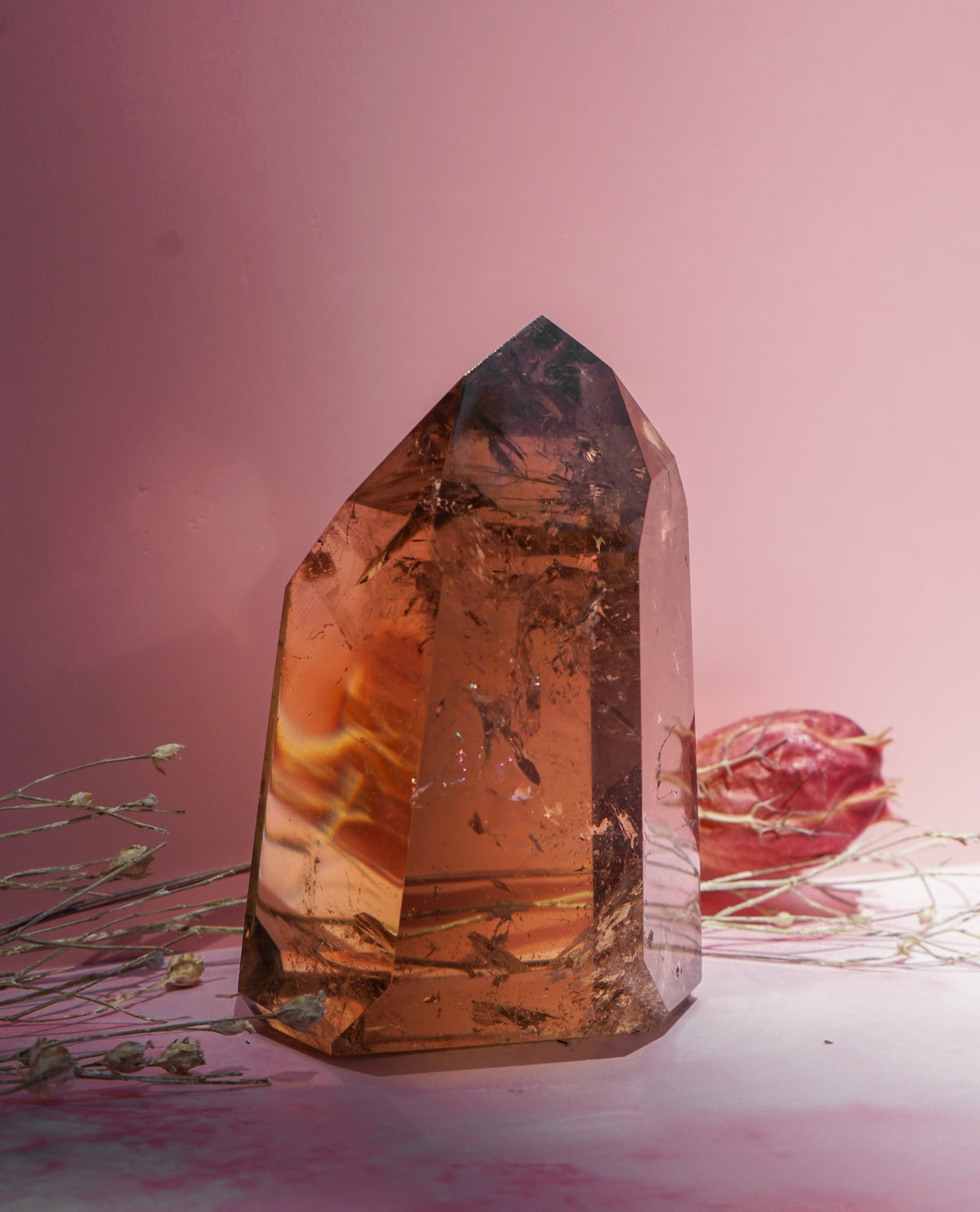A large natural smokey honey citrine smoky quartz crystal point with internal banding, displayed on a pink surface with dried flowers against a soft pink background.